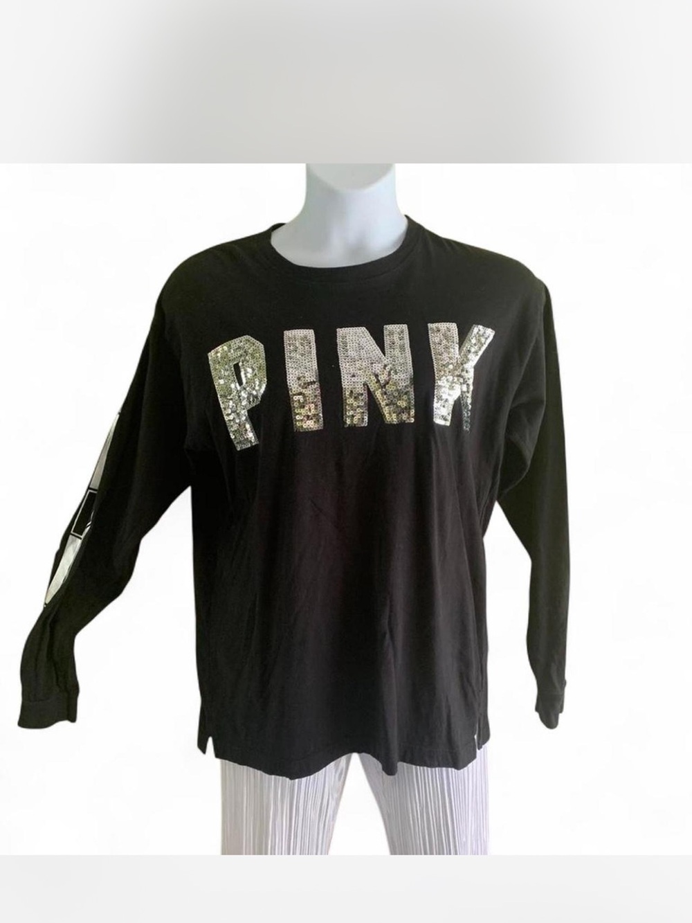 Oversized PINK Victoria's Secret Black Long Sleeve Tee with Silver Sequin Logo